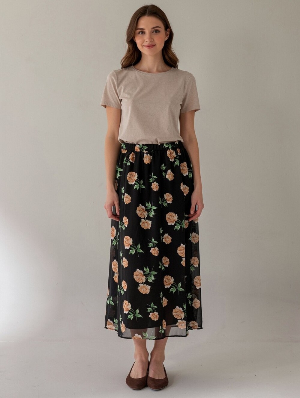 Old Navy Black Maxi Skirt with Peach Floral Print